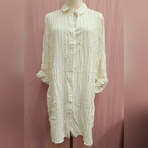 LUMIÈRE Classic Pinstripe Long Sleeve Collard Shirt Dress w/ Pockets- (Large)